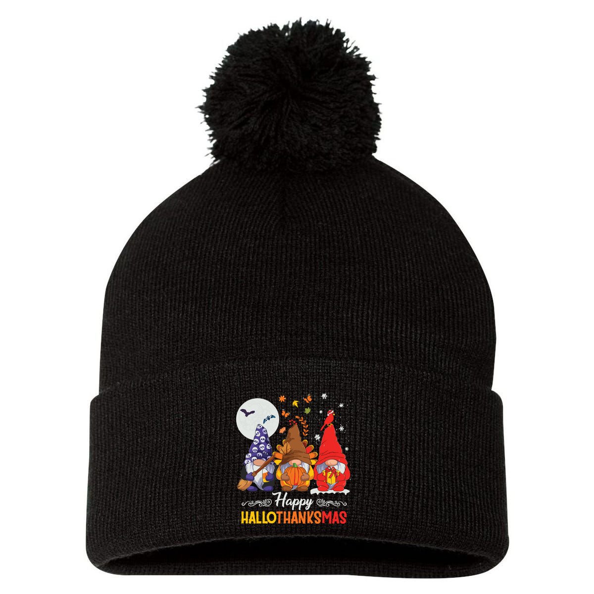 Halloween Thanksgiving Christmas Happy Hallothanksmas Gnomes Pom Pom 12in Knit Beanie