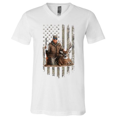 Hunting Trump Camouflage Usa Flag Deer Hunting Season Maga V-Neck T-Shirt