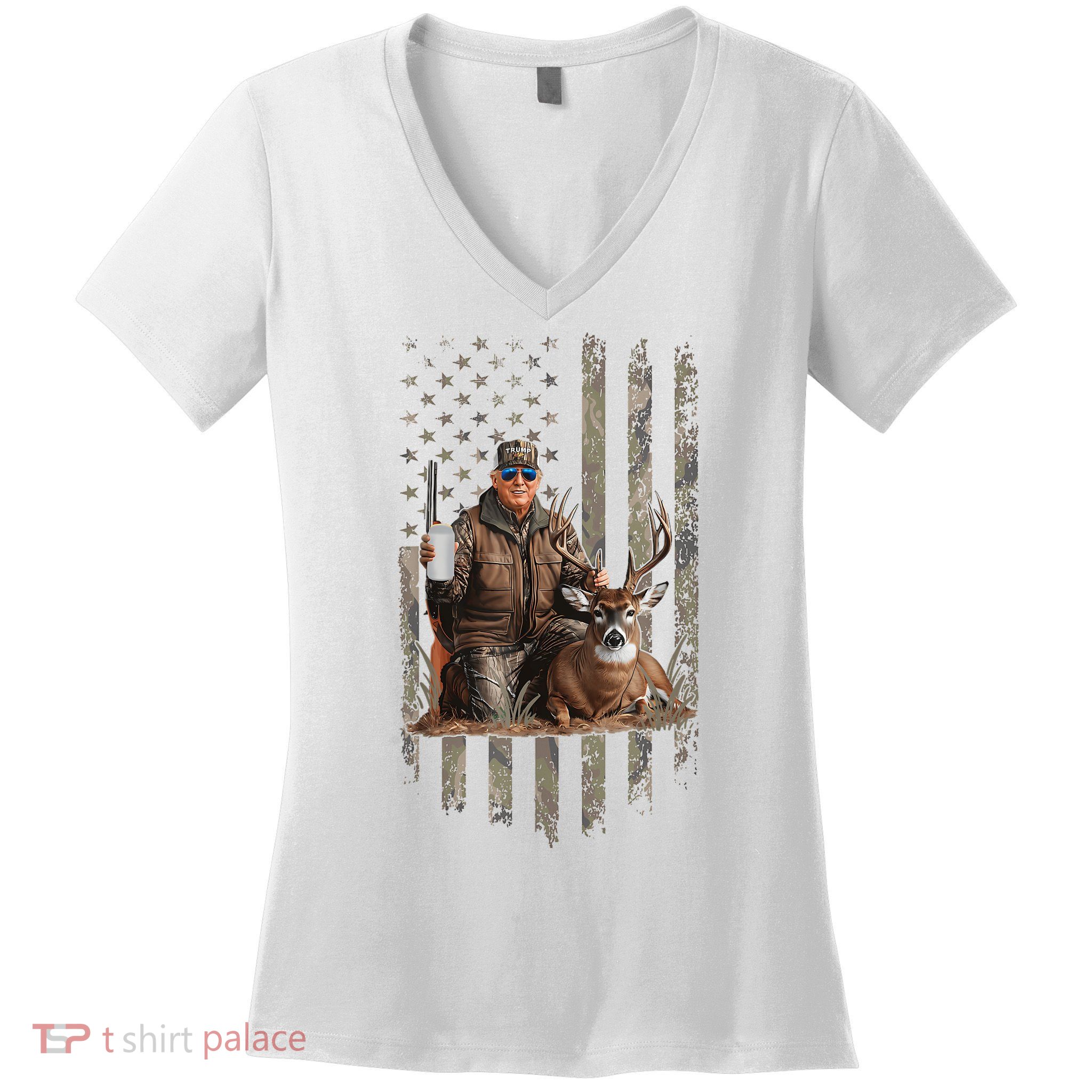 Hunting Trump Camouflage Usa Flag Deer Hunting Season Maga Women's V-Neck T-Shirt