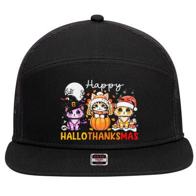 Halloween Thanksgiving Christmas Happy Hallothanksmas Cats 7 Panel Mesh Trucker Snapback Hat