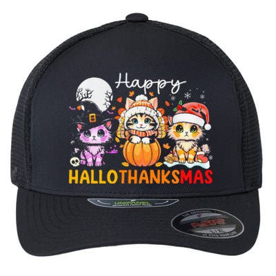 Halloween Thanksgiving Christmas Happy Hallothanksmas Cats Flexfit Unipanel Trucker Cap