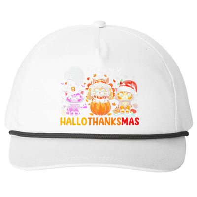 Halloween Thanksgiving Christmas Happy Hallothanksmas Cats Snapback Five-Panel Rope Hat