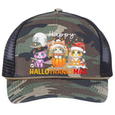 Halloween Thanksgiving Christmas Happy Hallothanksmas Cats Retro Rope Trucker Hat Cap