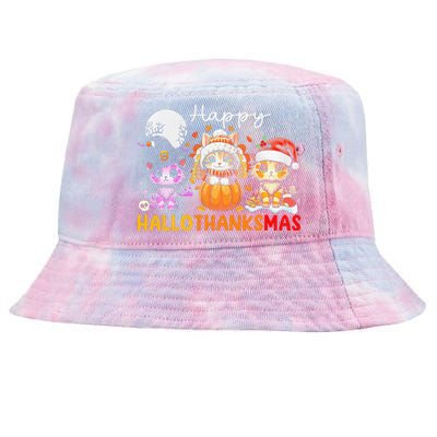 Halloween Thanksgiving Christmas Happy Hallothanksmas Cats Tie-Dyed Bucket Hat