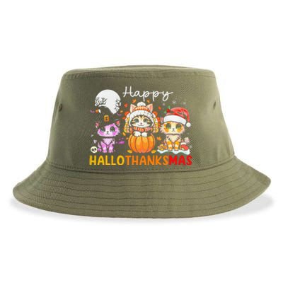 Halloween Thanksgiving Christmas Happy Hallothanksmas Cats Sustainable Bucket Hat