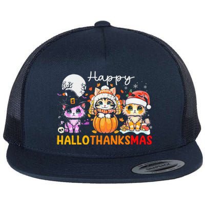 Halloween Thanksgiving Christmas Happy Hallothanksmas Cats Flat Bill Trucker Hat