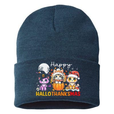 Halloween Thanksgiving Christmas Happy Hallothanksmas Cats Sustainable Knit Beanie