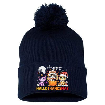 Halloween Thanksgiving Christmas Happy Hallothanksmas Cats Pom Pom 12in Knit Beanie