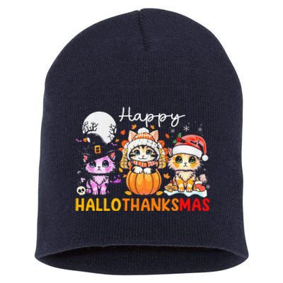 Halloween Thanksgiving Christmas Happy Hallothanksmas Cats Short Acrylic Beanie