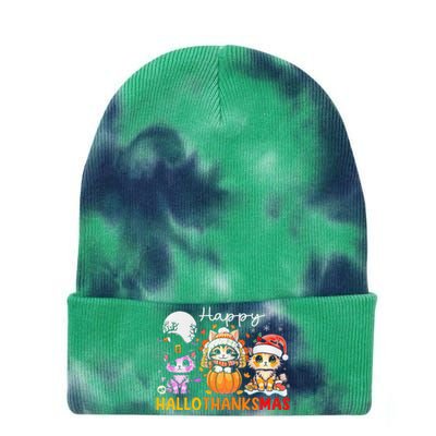 Halloween Thanksgiving Christmas Happy Hallothanksmas Cats Tie Dye 12in Knit Beanie