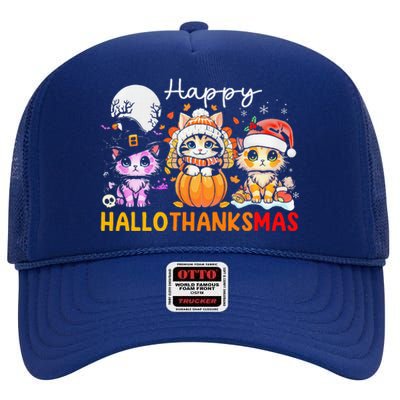 Halloween Thanksgiving Christmas Happy Hallothanksmas Cats High Crown Mesh Back Trucker Hat