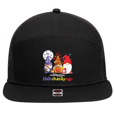 Halloween Thanksgiving Christmas Happy Hallothanksmas Gnomes 7 Panel Mesh Trucker Snapback Hat