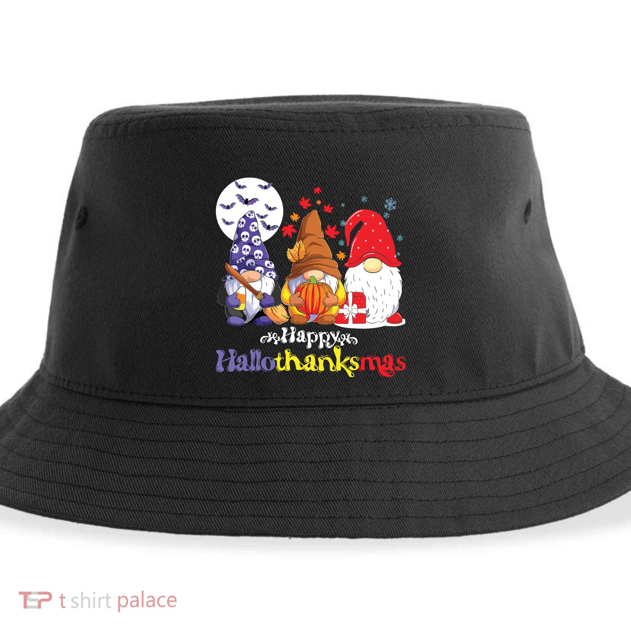 Halloween Thanksgiving Christmas Happy Hallothanksmas Gnomes Sustainable Bucket Hat
