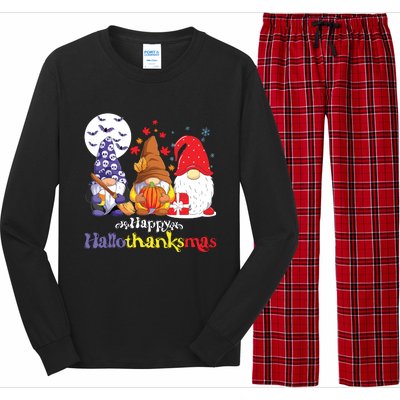 Halloween Thanksgiving Christmas Happy Hallothanksmas Gnomes Long Sleeve Pajama Set