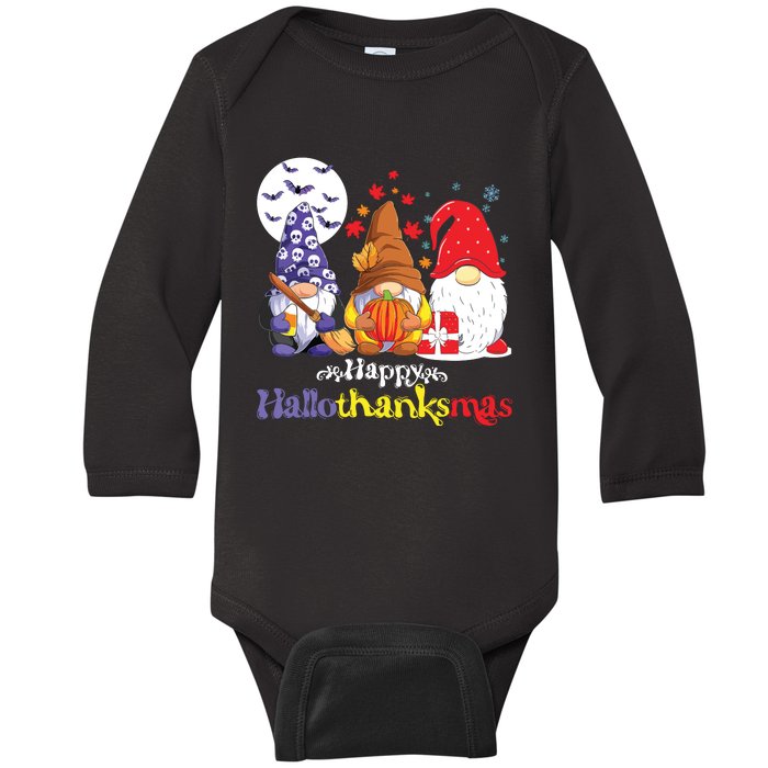 Halloween Thanksgiving Christmas Happy Hallothanksmas Gnomes Baby Long Sleeve Bodysuit