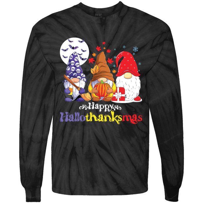 Halloween Thanksgiving Christmas Happy Hallothanksmas Gnomes Tie-Dye Long Sleeve Shirt