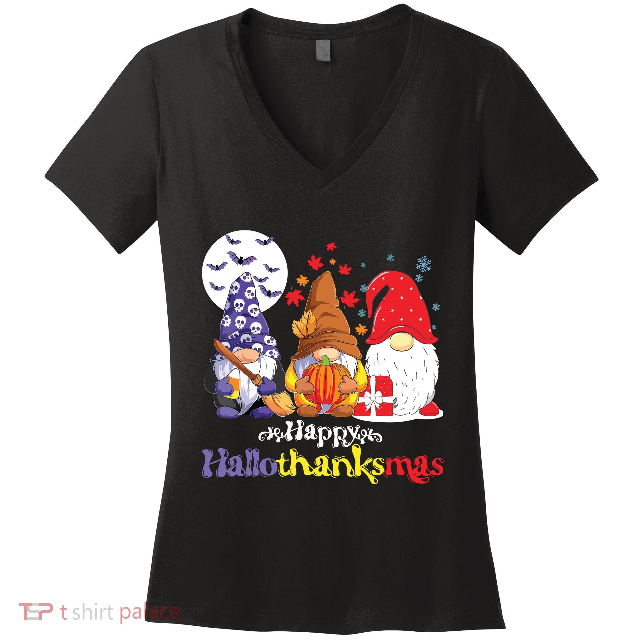 Halloween Thanksgiving Christmas Happy Hallothanksmas Gnomes Women's V-Neck T-Shirt