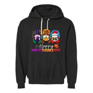 Halloween Thanksgiving Christmas Happy Hallothanksmas Gnomes Garment-Dyed Fleece Hoodie