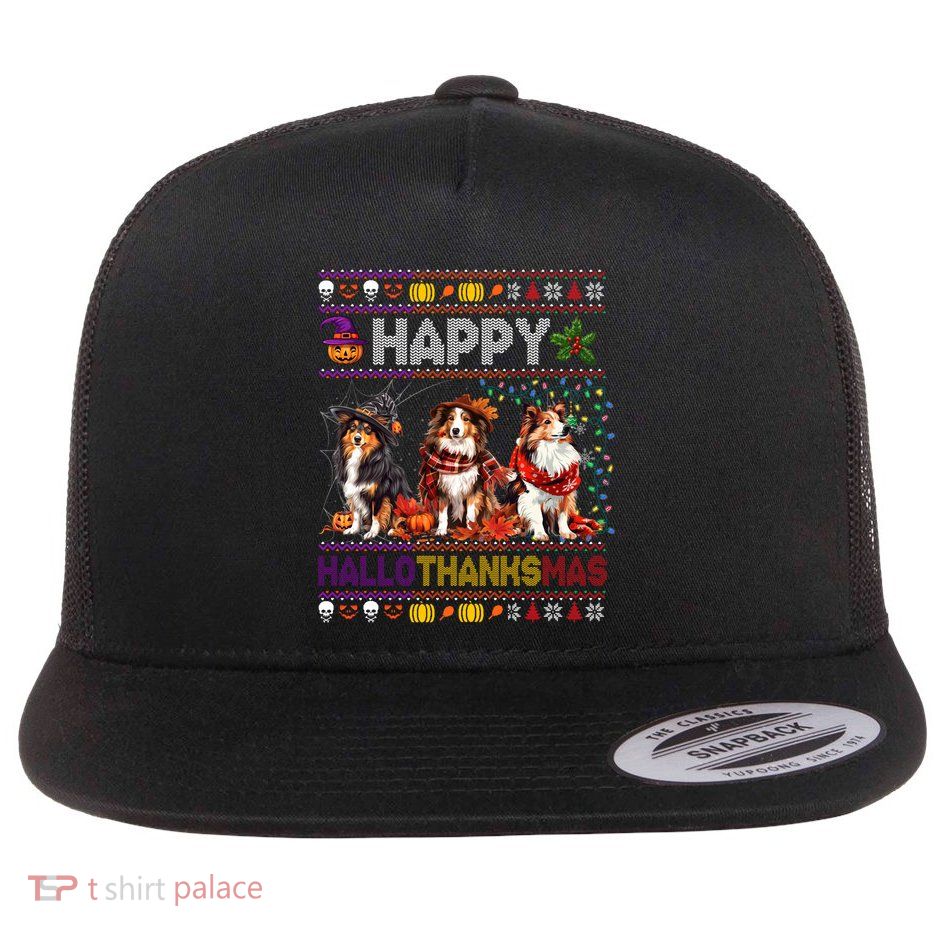 Halloween Thanksgiving Christmas Ugly Shetland Sheepdog Flat Bill Trucker Hat