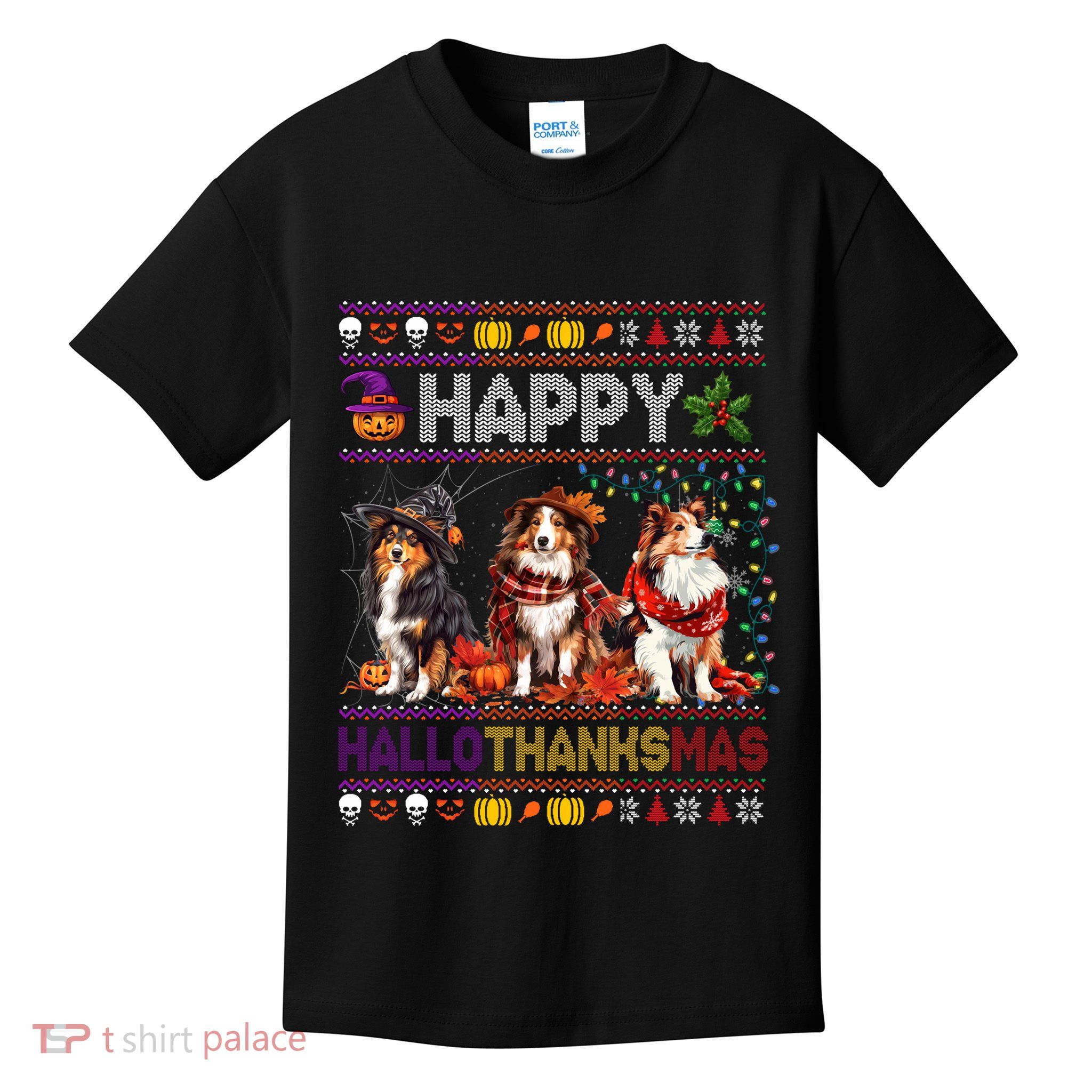 Halloween Thanksgiving Christmas Ugly Shetland Sheepdog Kids T-Shirt