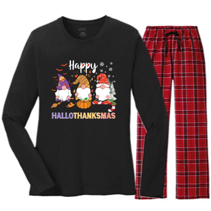 Halloween Thanksgiving Christmas Happy Hallothanksmas Gnomes Women's Long Sleeve Flannel Pajama Set 