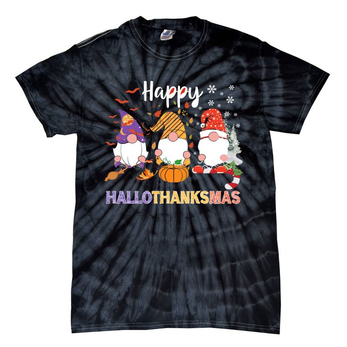 Halloween Thanksgiving Christmas Happy Hallothanksmas Gnomes Tie-Dye T-Shirt