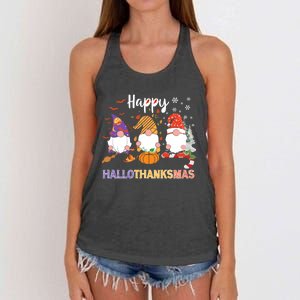 Halloween Thanksgiving Christmas Happy Hallothanksmas Gnomes Women's Knotted Racerback Tank