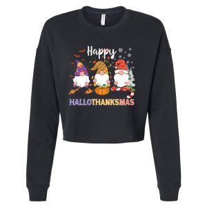 Halloween Thanksgiving Christmas Happy Hallothanksmas Gnomes Cropped Pullover Crew