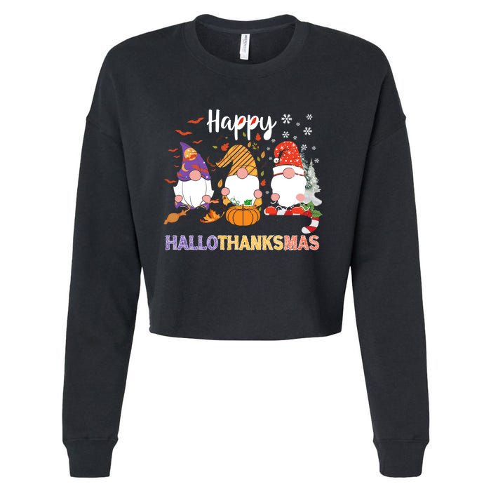 Halloween Thanksgiving Christmas Happy Hallothanksmas Gnomes Cropped Pullover Crew