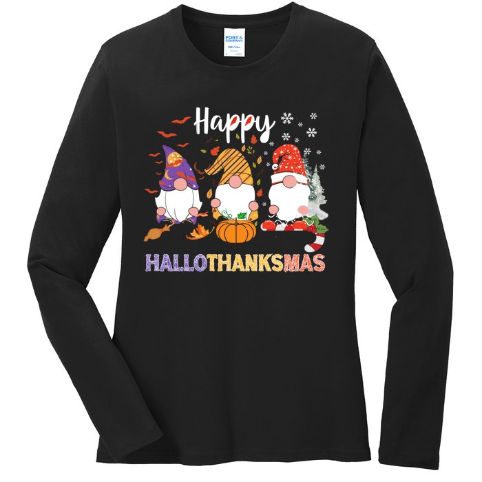 Halloween Thanksgiving Christmas Happy Hallothanksmas Gnomes Ladies Long Sleeve Shirt