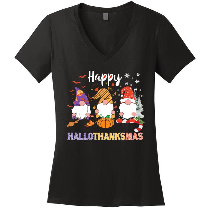 Halloween Thanksgiving Christmas Happy Hallothanksmas Gnomes Women's V-Neck T-Shirt