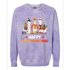 Halloween Thanksgiving Christmas Happy Hallothanksmas Llama Gift Colorblast Crewneck Sweatshirt