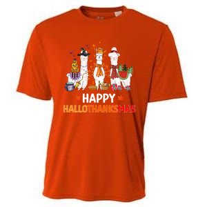 Halloween Thanksgiving Christmas Happy Hallothanksmas Llama Gift Cooling Performance Crew T-Shirt