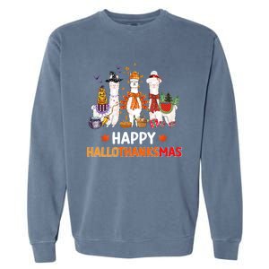 Halloween Thanksgiving Christmas Happy Hallothanksmas Llama Gift Garment-Dyed Sweatshirt