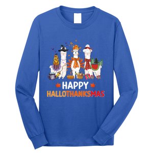 Halloween Thanksgiving Christmas Happy Hallothanksmas Llama Gift Long Sleeve Shirt