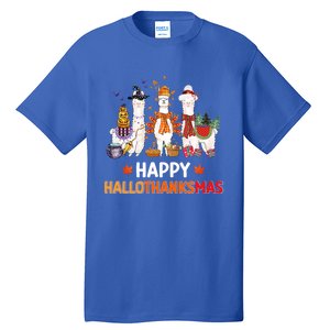 Halloween Thanksgiving Christmas Happy Hallothanksmas Llama Gift Tall T-Shirt