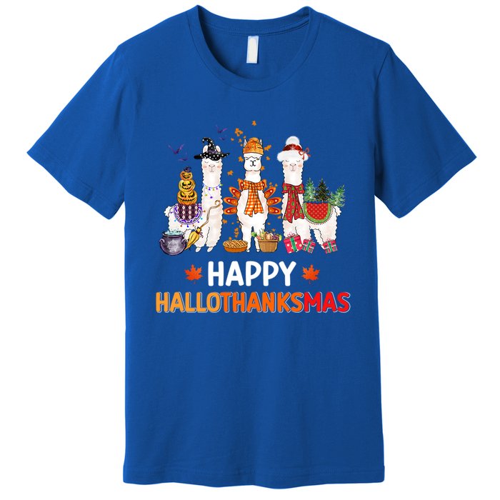 Halloween Thanksgiving Christmas Happy Hallothanksmas Llama Gift Premium T-Shirt