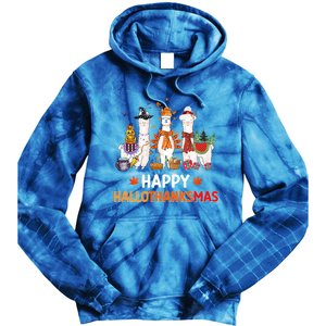 Halloween Thanksgiving Christmas Happy Hallothanksmas Llama Gift Tie Dye Hoodie