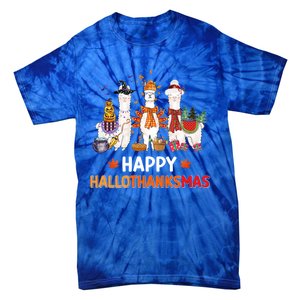 Halloween Thanksgiving Christmas Happy Hallothanksmas Llama Gift Tie-Dye T-Shirt