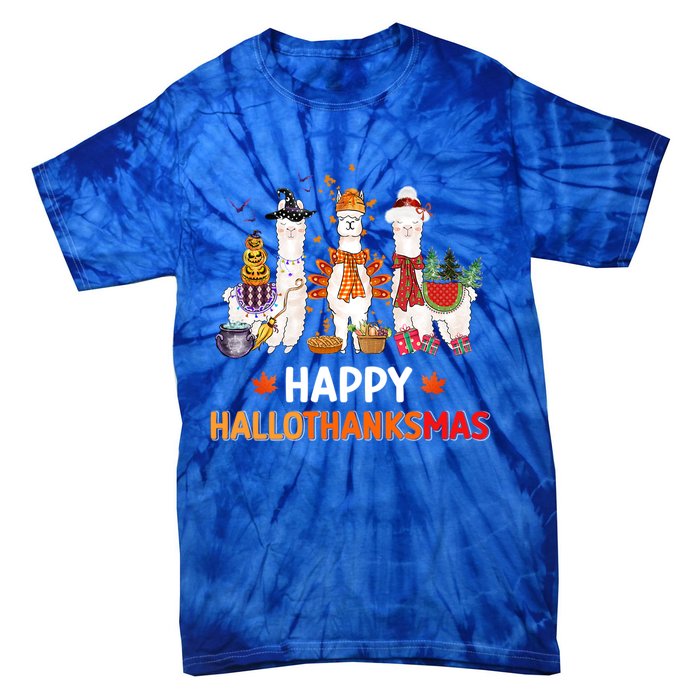 Halloween Thanksgiving Christmas Happy Hallothanksmas Llama Gift Tie-Dye T-Shirt