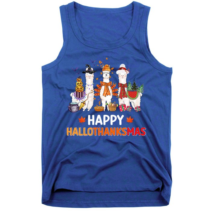 Halloween Thanksgiving Christmas Happy Hallothanksmas Llama Gift Tank Top