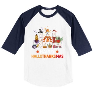 Halloween Thanksgiving Christmas Happy Hallothanksmas Llama Gift Baseball Sleeve Shirt