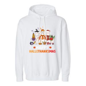 Halloween Thanksgiving Christmas Happy Hallothanksmas Llama Gift Garment-Dyed Fleece Hoodie