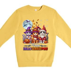 Halloween Thanksgiving Christmas Happy Hallothanksmas Cats Premium Crewneck Sweatshirt