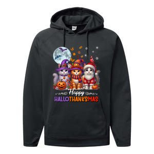 Halloween Thanksgiving Christmas Happy Hallothanksmas Cats Performance Fleece Hoodie