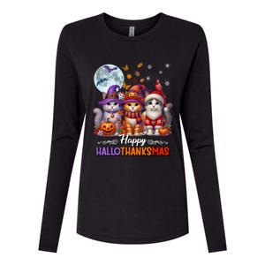 Halloween Thanksgiving Christmas Happy Hallothanksmas Cats Womens Cotton Relaxed Long Sleeve T-Shirt