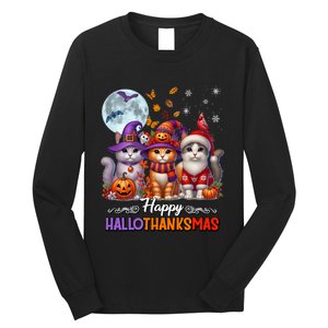 Halloween Thanksgiving Christmas Happy Hallothanksmas Cats Long Sleeve Shirt