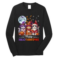 Halloween Thanksgiving Christmas Happy Hallothanksmas Cats Long Sleeve Shirt