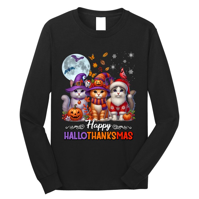 Halloween Thanksgiving Christmas Happy Hallothanksmas Cats Long Sleeve Shirt