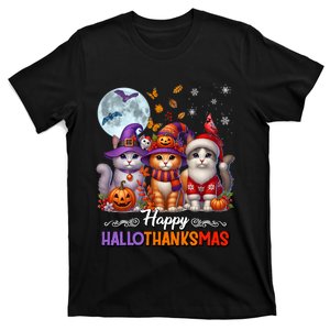 Halloween Thanksgiving Christmas Happy Hallothanksmas Cats T-Shirt